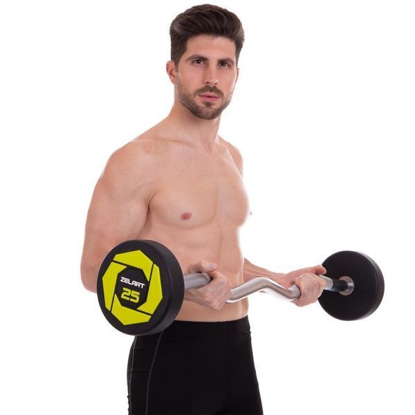 Штанга нерозбірна з фіксованою вагою вигнута поліуретанова Zelart Urethane Barbell TA-2690-25 довжина-106см 25кг чорний-салатовий TA-2690-25 фото