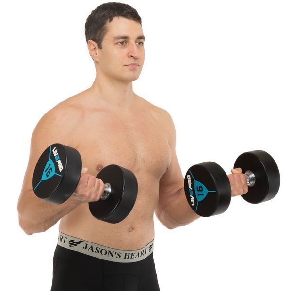 Гантели цельные профессиональные с полиуретановым покрытием LiveUp LP8000-16 2шт по 16кг черный-синий LP8000-16 фото