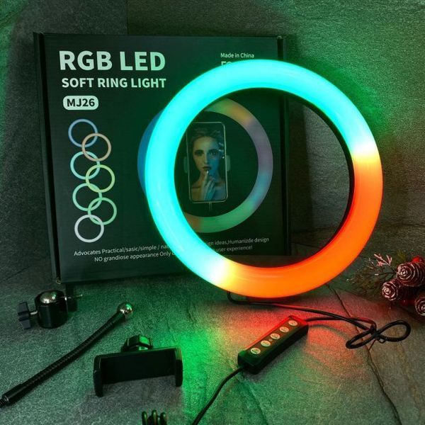 Кольцевая светодиодная лампа RGB LED RING MJ26 26 см с держателем телефона, кольцевая лампа большая ws72796 фото