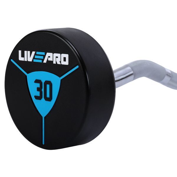 Штанга нерозбірна з фіксованою вагою вигнута поліуретанова LiveUp LP8011-30 довжина-89,2см 30кг чорний-синій LP8011-30 фото