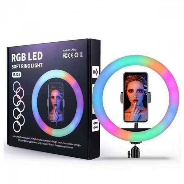 Кольцевая светодиодная лампа RGB LED RING MJ26 26 см с держателем телефона, кольцевая лампа большая ws72796 фото