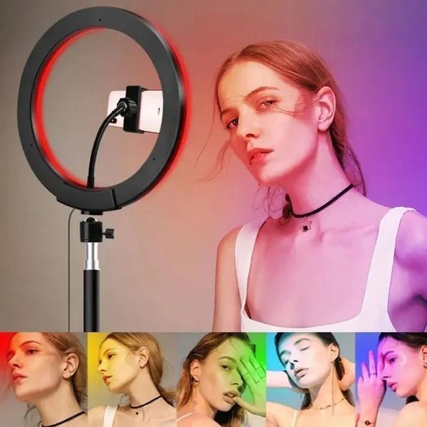 Кольцевая светодиодная лампа RGB LED RING MJ26 26 см с держателем телефона, кольцевая лампа большая ws72796 фото