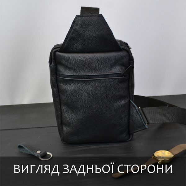 Сумка мужская - кожаная, нагрудная сумка слинг кожаная черная на 3 кармана, мужская сумка на грудь ws68832 фото