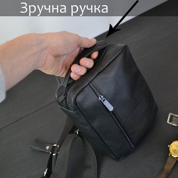 Сумка мужская - кожаная, нагрудная сумка слинг кожаная черная на 3 кармана, мужская сумка на грудь ws68832 фото