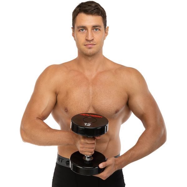 Гантель цільна професійна з поліуретановим покриттям LIFE FITNESS SC-80081-12 1шт 12кг чорний-червоний SC-80081-12 фото