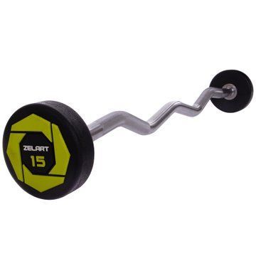 Штанга нерозбірна з фіксованою вагою вигнута поліуретанова Zelart Urethane Barbell TA-2690-15 довжина-104см 15кг чорний-салатовий TA-2690-15 фото