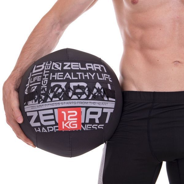 М'яч набивний медичний для кросфіту WALL BALL Zelart FI-2637-12 12кг чорний FI-2637-12 фото