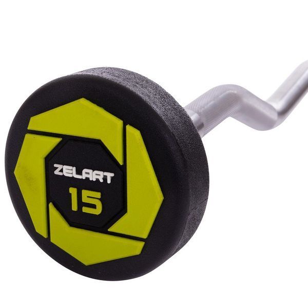 Штанга нерозбірна з фіксованою вагою вигнута поліуретанова Zelart Urethane Barbell TA-2690-15 довжина-104см 15кг чорний-салатовий TA-2690-15 фото