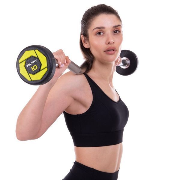 Штанга неразборная с фиксированным весом изогнутая полиуретановая Zelart Urethane Barbell TA-2690-10 длина-102см 10кг черный-салатовый TA-2690-10 фото
