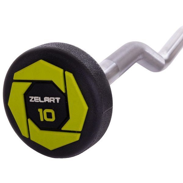 Штанга неразборная с фиксированным весом изогнутая полиуретановая Zelart Urethane Barbell TA-2690-10 длина-102см 10кг черный-салатовый TA-2690-10 фото