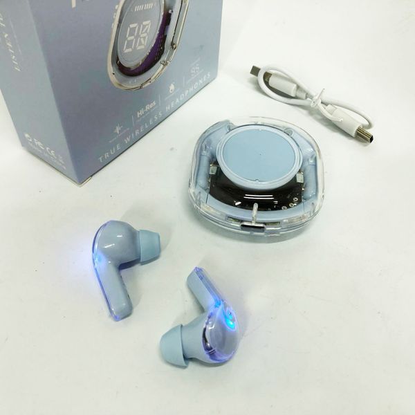 Беспроводные наушники TWS T8 PRO с прозрачным кейсом Вакуумные LED дисплей Bluetooth 5.3. Цвет: голубой ws14814-3 фото