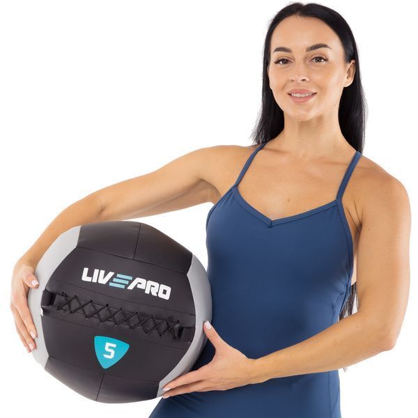 М'яч набивний медичний для кросфіту WALL BALL LiveUp LP8100-5 5кг чорний-сірий LP8100-5 фото