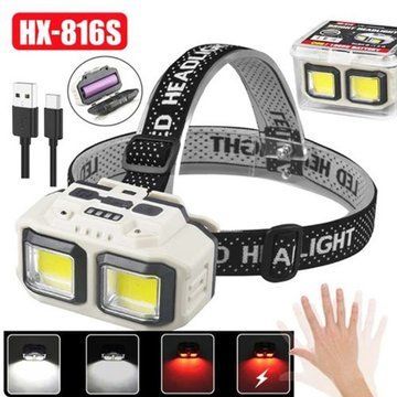 Фонарь налобный аккумуляторный Bailong HX-816S 2COB(white+red) с сенсорным датчиком влагозащита ws89611 фото