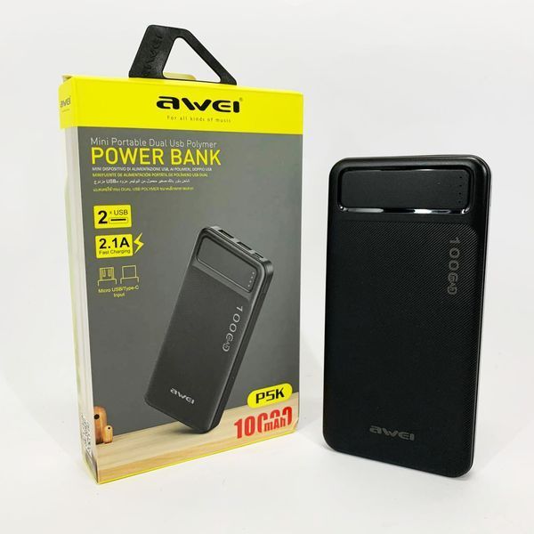 Power Bank Awei P5K 10000 mah Портативное зарядное УМБ 2xUSB черный ws98328 фото