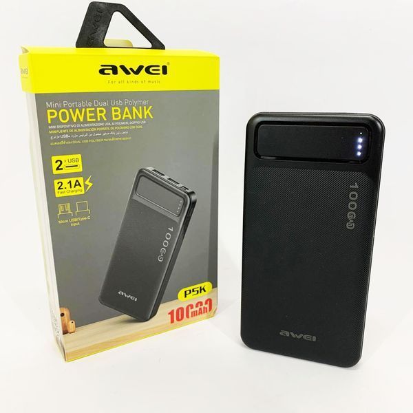 Power Bank Awei P5K 10000 mah Портативное зарядное УМБ 2xUSB черный ws98328 фото