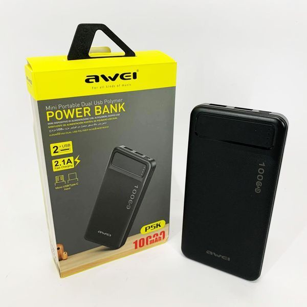 Power Bank Awei P5K 10000 mah Портативное зарядное УМБ 2xUSB черный ws98328 фото