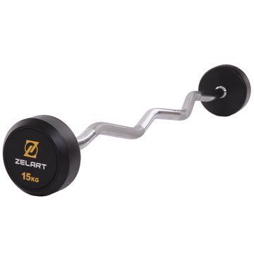 Штанга нерозбірна з фіксованою вагою вигнута гумова Zelart Rubber Coated Barbell TA-2687-15 довжина-95см 15кг чорний TA-2687-15 фото