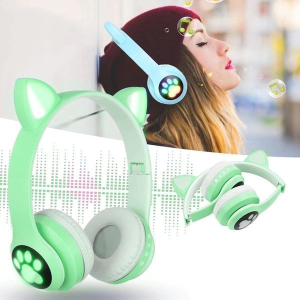 Беспроводные наушники с кошачьими ушками и RGB подсветкой Cat VZV 23M. Цвет: зеленый ws53257-1 фото
