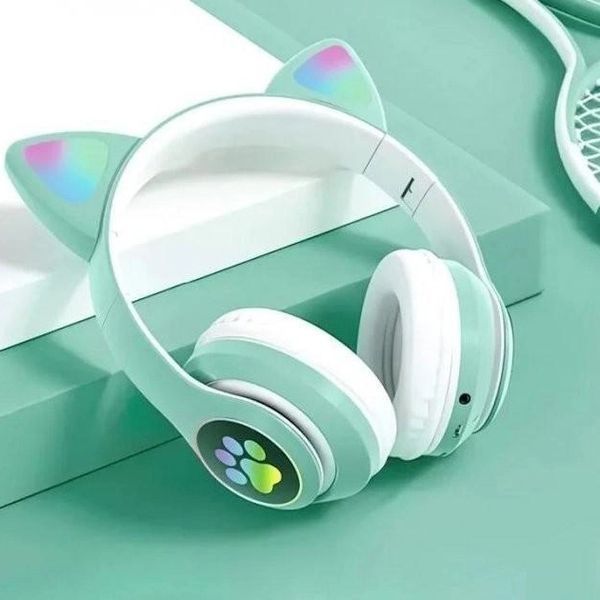 Беспроводные наушники с кошачьими ушками и RGB подсветкой Cat VZV 23M. Цвет: зеленый ws53257-1 фото