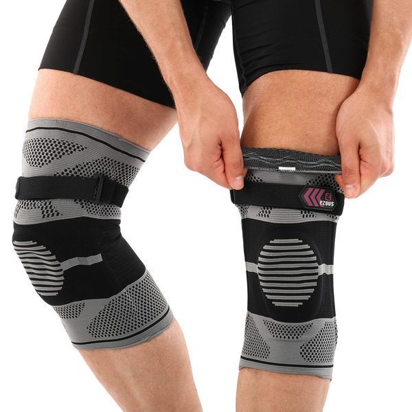 Наколінник бандаж еластичний з фіксуючим ременем KNEE BRACE EZOUS A-07 2шт M-XL сірий-чорний M A-07 фото