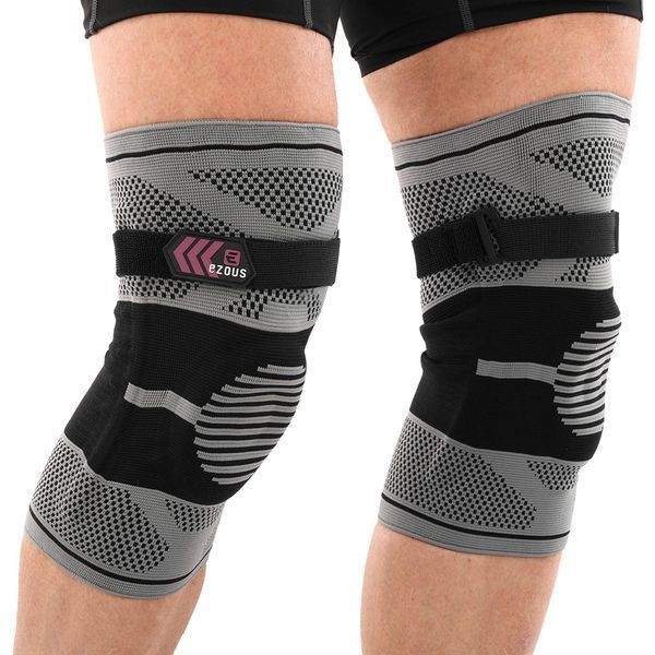 Наколінник бандаж еластичний з фіксуючим ременем KNEE BRACE EZOUS A-07 2шт M-XL сірий-чорний M A-07 фото