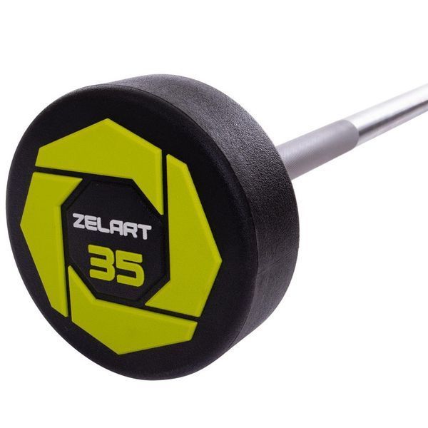 Штанга неразборная с фиксированным весом прямая полиуретановая Zelart Urethane Barbell TA-2689-35 длина-110см 35кг черный-салатовый TA-2689-35 фото
