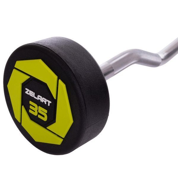 Штанга неразборная с фиксированным весом изогнутая полиуретановая Zelart Urethane Barbell TA-2690-35 длина-110см 35кг черный-салатовый TA-2690-35 фото