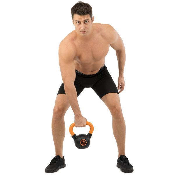 Гиря тренувальна цільна гумова з пофарбованою ручкою LiveUp Urethane competition kettlebell UAZE5336-10 вага 10кг чорний-помаранчевий UAZE5336-10 фото