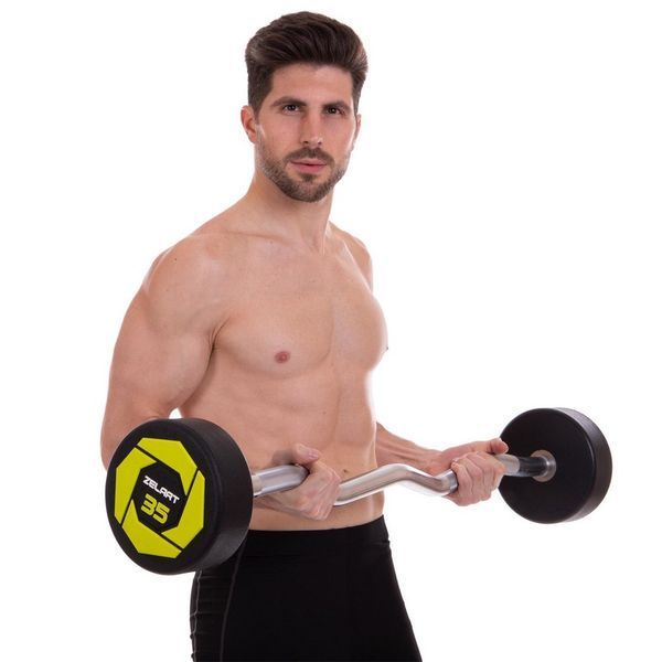 Штанга неразборная с фиксированным весом изогнутая полиуретановая Zelart Urethane Barbell TA-2690-35 длина-110см 35кг черный-салатовый TA-2690-35 фото