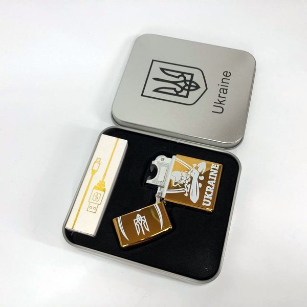 Дуговая электроимпульсная USB зажигалка Украина (металлическая коробка) HL-449. Цвет: золотой ws83294-3 фото