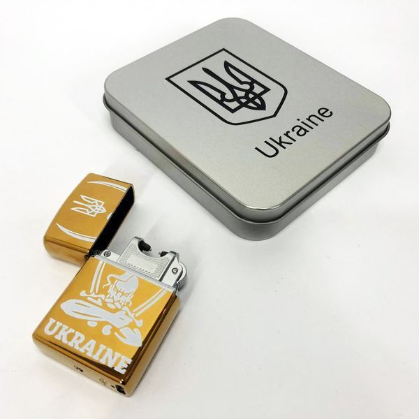 Дуговая электроимпульсная USB зажигалка Украина (металлическая коробка) HL-449. Цвет: золотой ws83294-3 фото