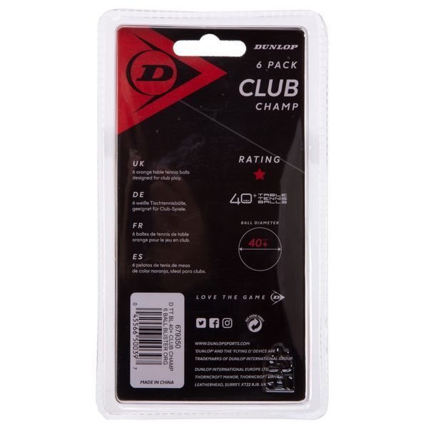 Набор мячей для настольного тенниса DUNLOP 40+ CLUB CHAMP DL679350 6шт оранжевый DL679350 фото