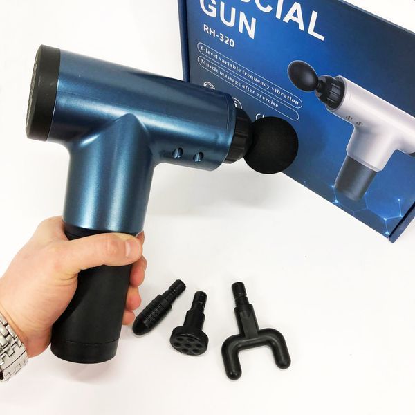 Аккумуляторный массажер Fascial Gun KH-320 портативный ручной ударный мышечный пистолет 4 насадки синий ws15677-1 фото